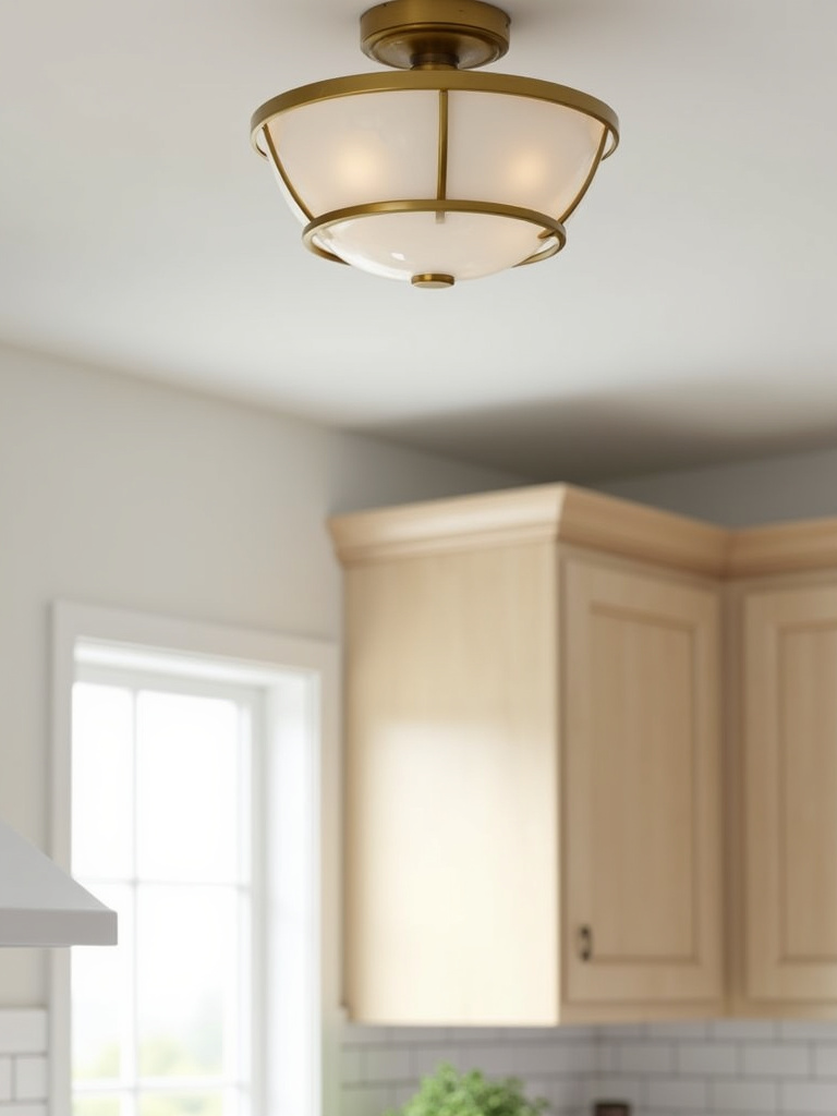 Farmhouse kitchen with a brass-accented flush mount ceiling light providing ambient illumination.