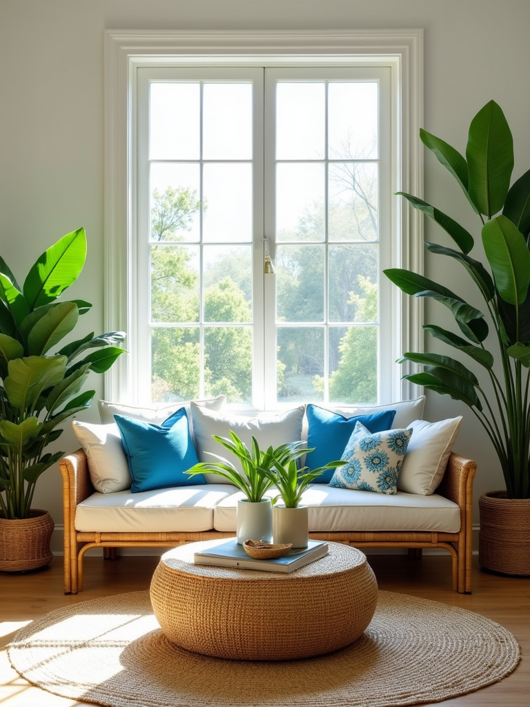 “Breezy tropical living room with white walls, rattan sofa, bamboo coffee table, and lush indoor plants.”