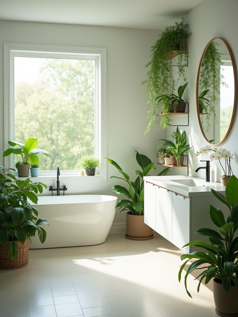 “A bright and airy bathroom with various plants incorporated into the design, highlighting the refreshing and natural vibe greenery brings to the space.”