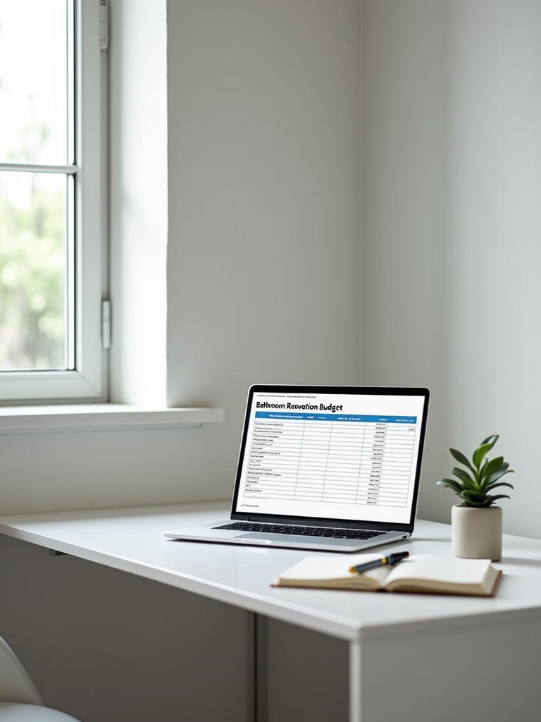 “A minimalist bathroom scene featuring a desk with a laptop displaying a budget spreadsheet, illustrating the concept of budget planning for a renovation.”