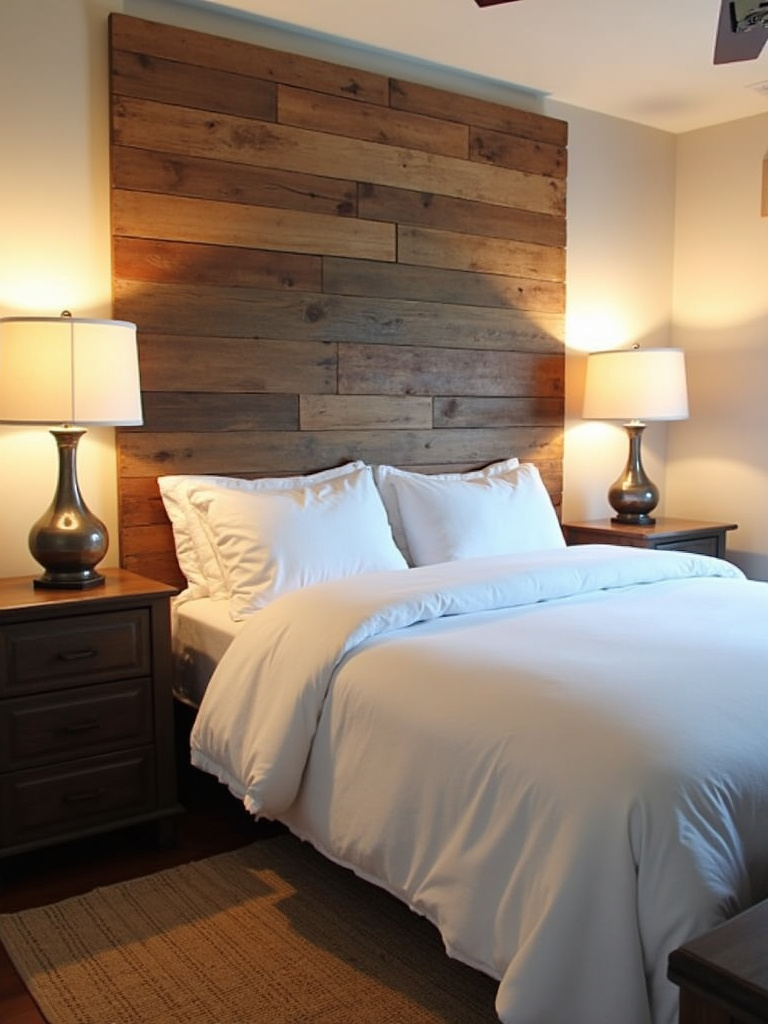 Farmhouse bedroom with a DIY reclaimed wood headboard wall feature, warm lighting, and white bedding.