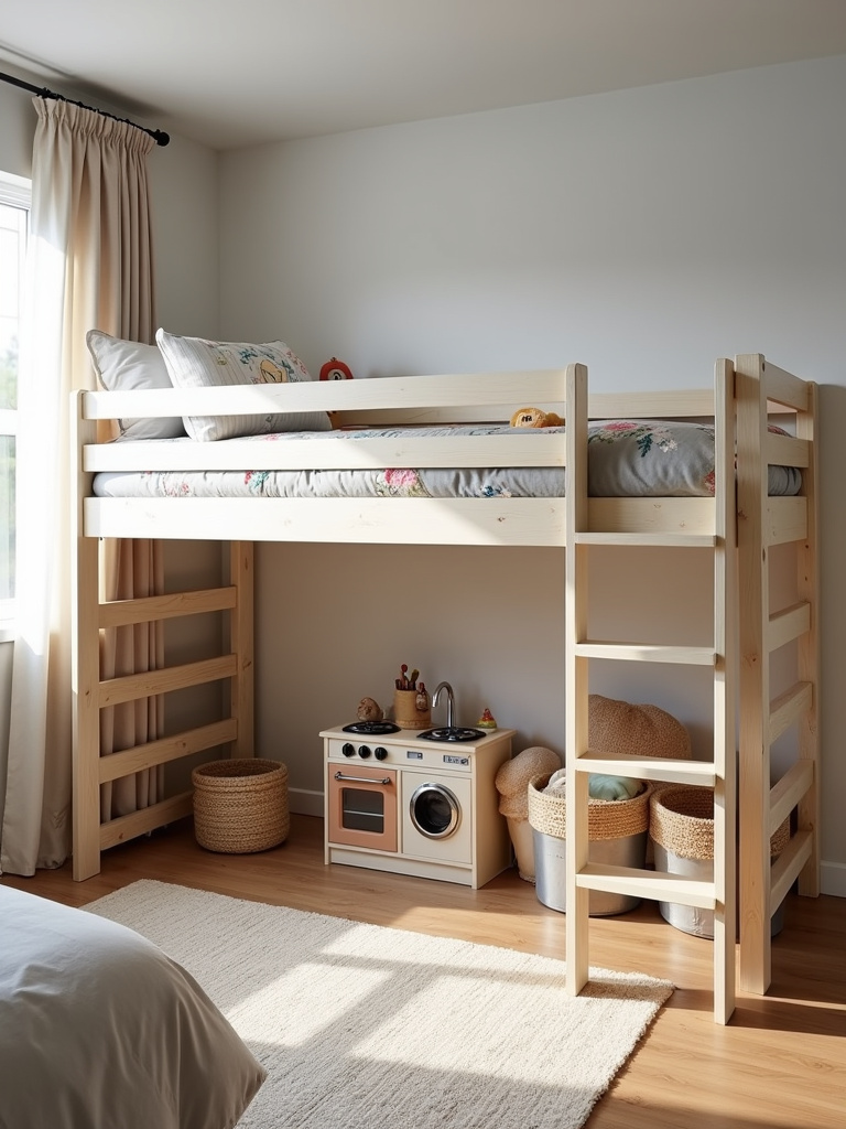 Kids bedroom with loft bed and play area underneath with rug and toy kitchen.