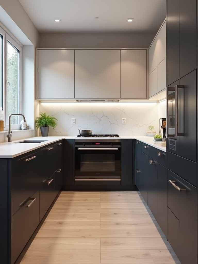 A contemporary kitchen showcasing trendy two-tone cabinets with handleless doors and integrated appliances, brightly and evenly lit to emphasize the modern cabinet design trends.