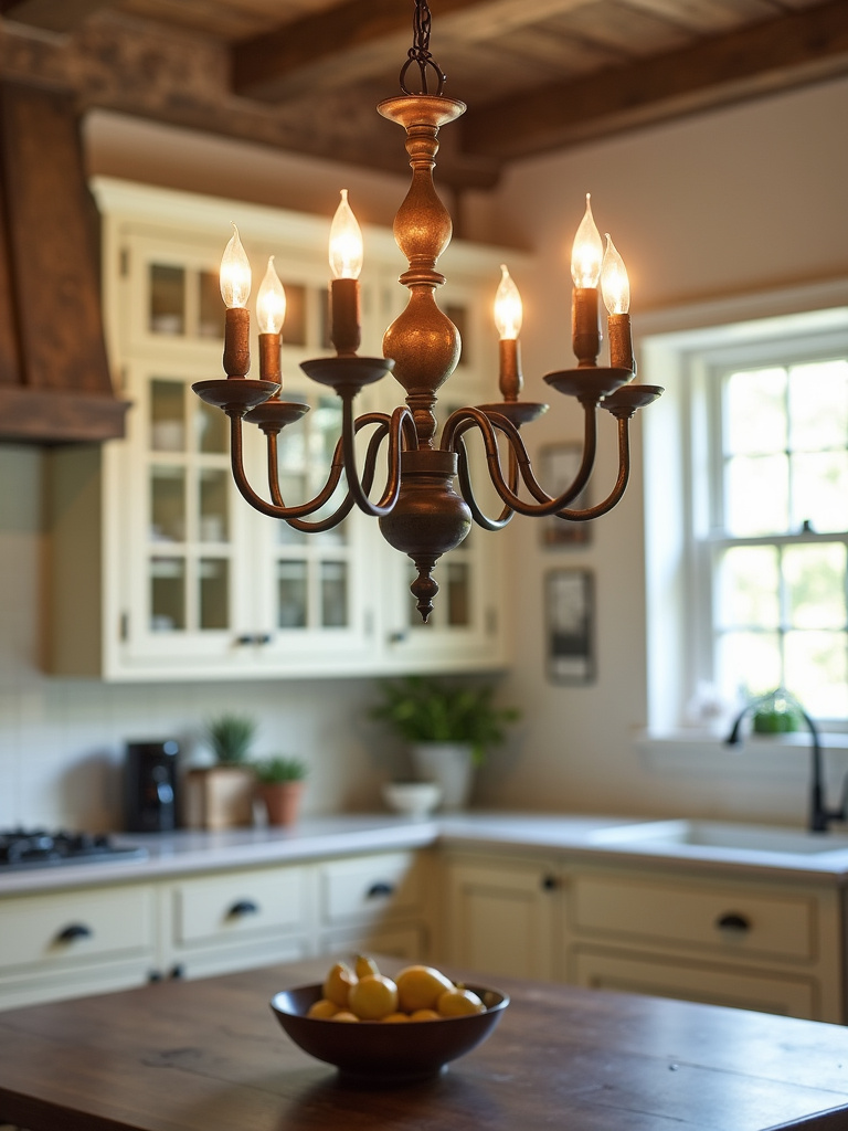 Traditional farmhouse kitchen illuminated by a candle-style chandelier above the dining table.