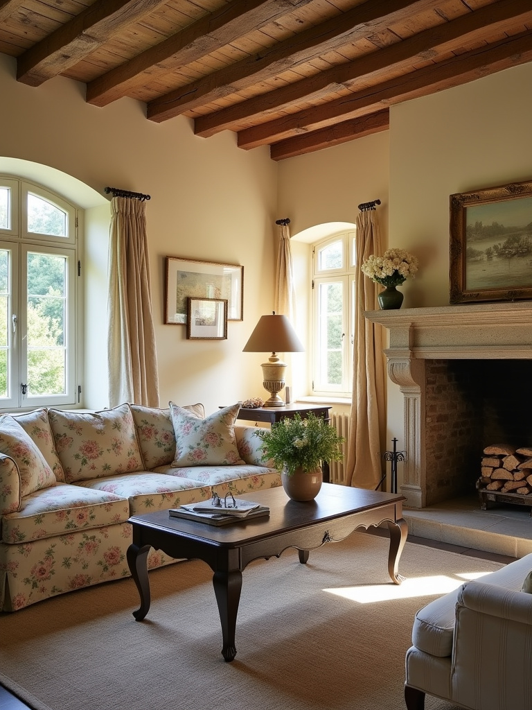 “Charming French Country living room with a stone fireplace, floral sofa, antique coffee table, and soft, warm colors.”