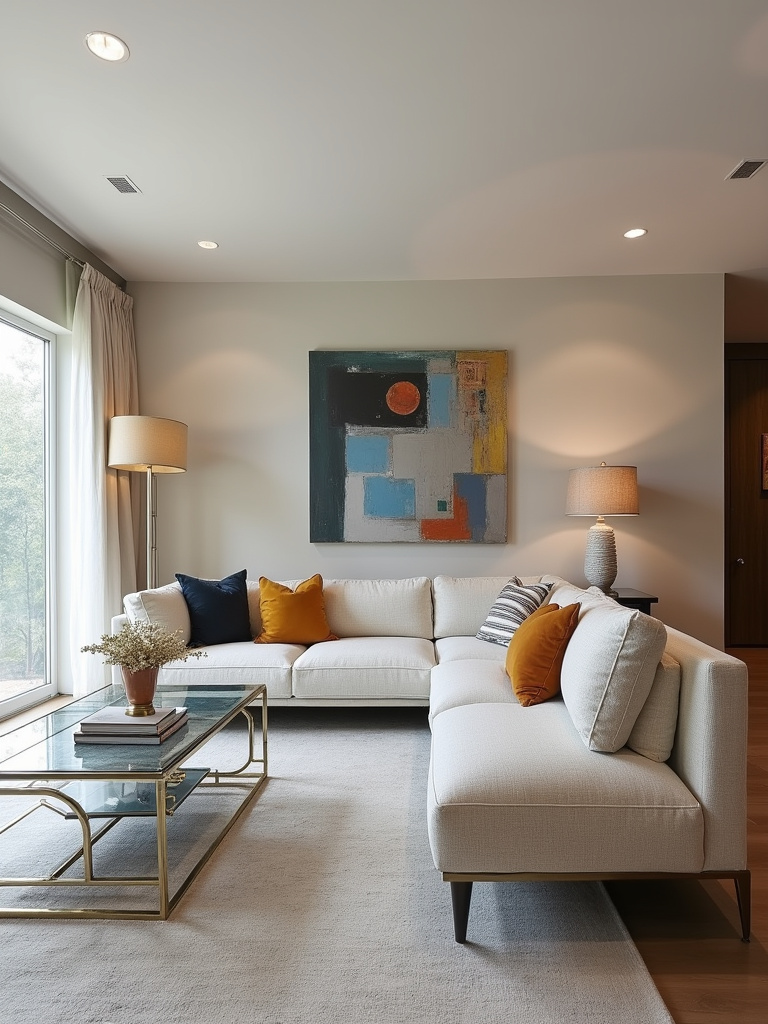 “Chic contemporary living room with a large sectional, glass coffee table, metallic accents, and pops of color in a neutral space.”
