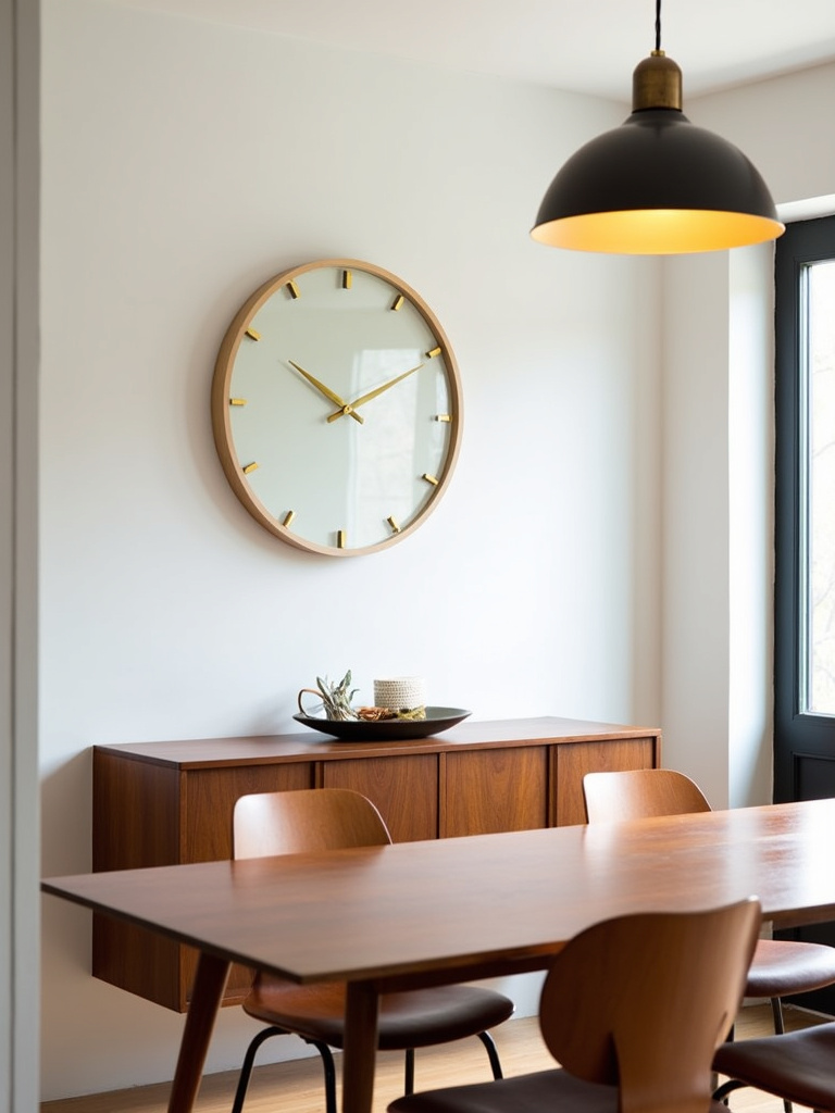 Mid-century modern dining room featuring a chic minimalist wall clock on a white wall.