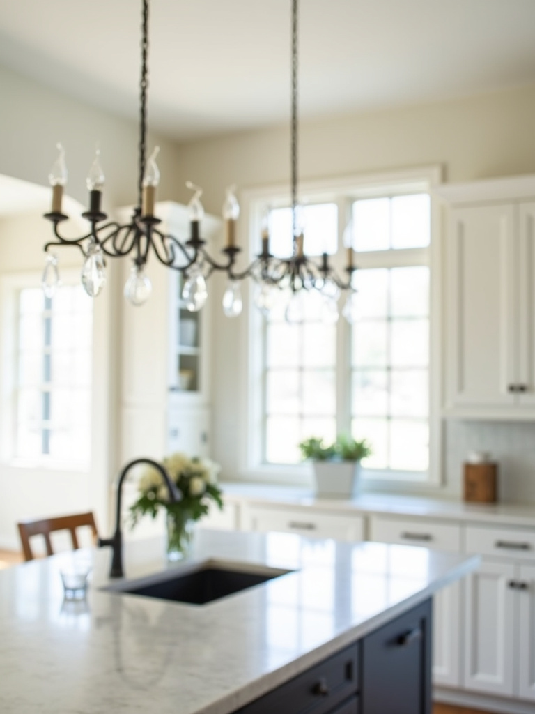 Chic white metal farmhouse chandelier illuminating a bright and airy kitchen island.