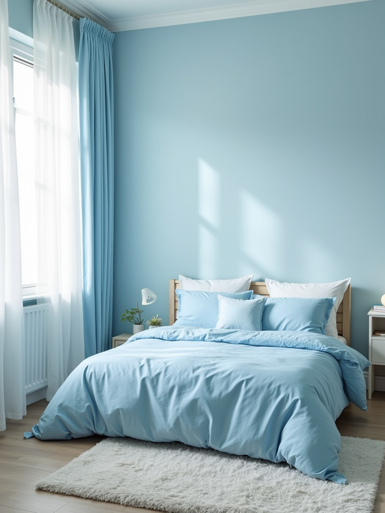 Calming kids bedroom with soft blue walls, bedding, and serene atmosphere.