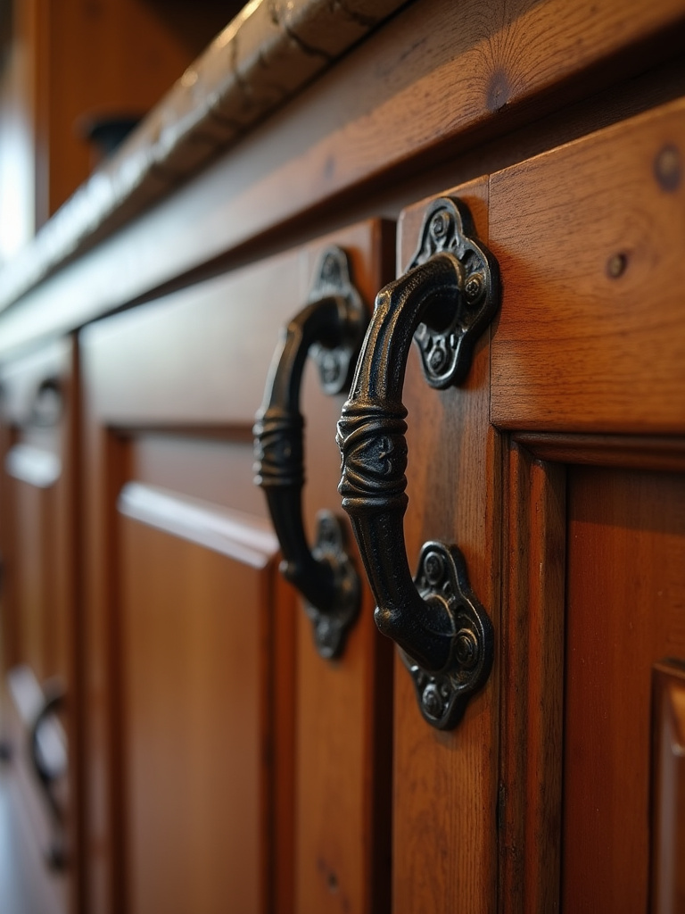 Detailed view of wrought iron hardware on rustic kitchen cabinets, with warm directional lighting accentuating texture.