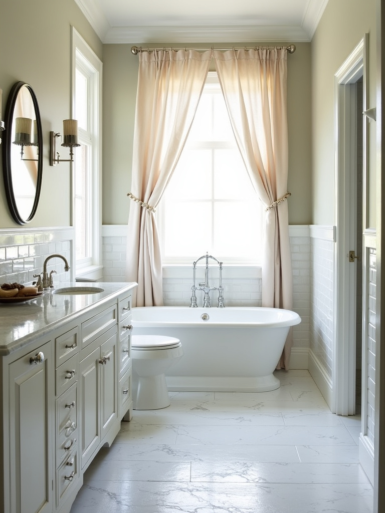 “An elegant transitional style bathroom featuring subway tile, marble vanity, and shaker cabinets, exemplifying timeless bathroom design.”
