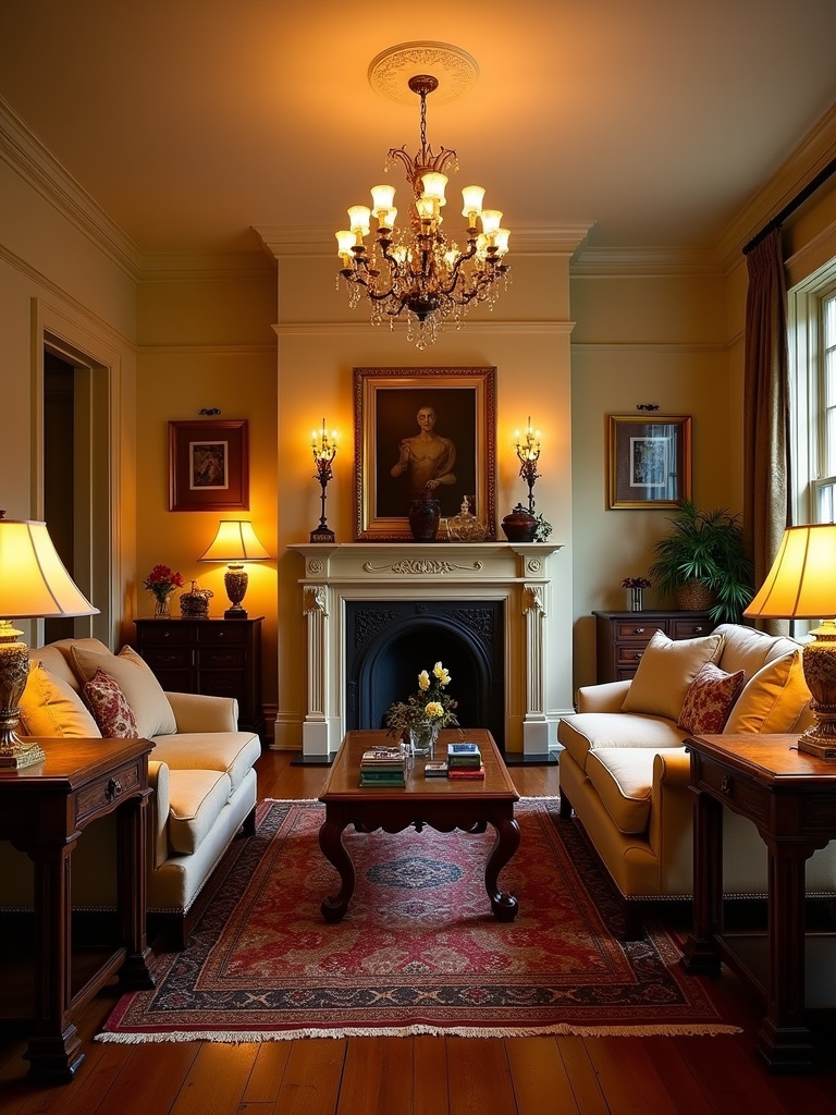 “Classic traditional living room with symmetrical furniture, rich wood tones, ornate details, and warm chandelier lighting.”
