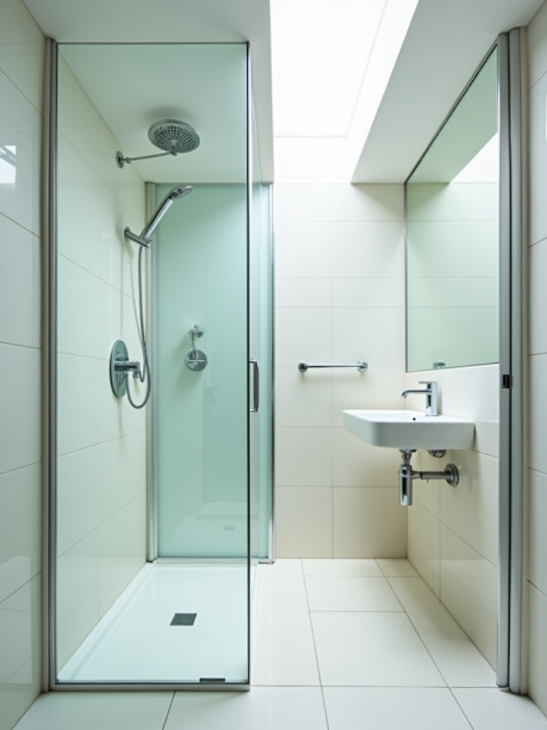 Small minimalist bathroom with a frameless glass shower door creating an open and spacious feel.
