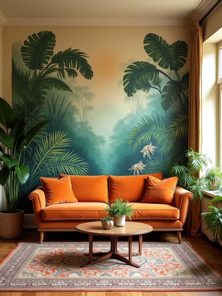 “An eclectic living room with a hand-painted tropical jungle mural covering a wall behind an orange velvet sofa, creating a vibrant and unique artistic statement.”