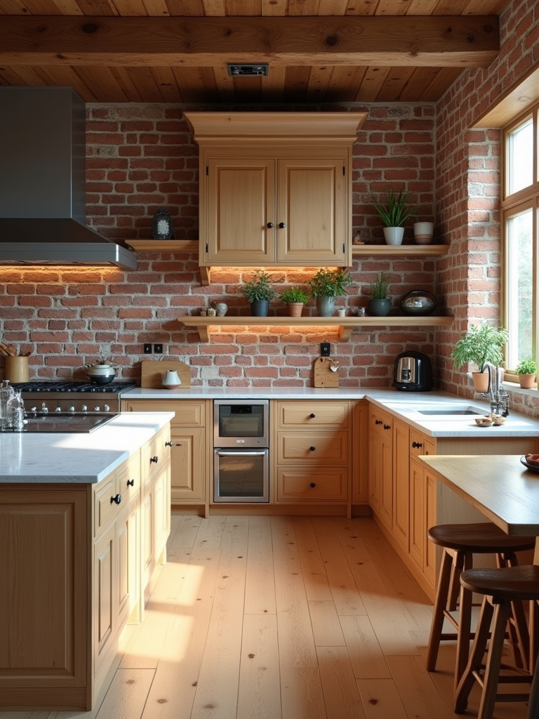 Spacious rustic kitchen featuring an exposed brick wall as a backdrop to light wood cabinets, illuminated by side window natural light.