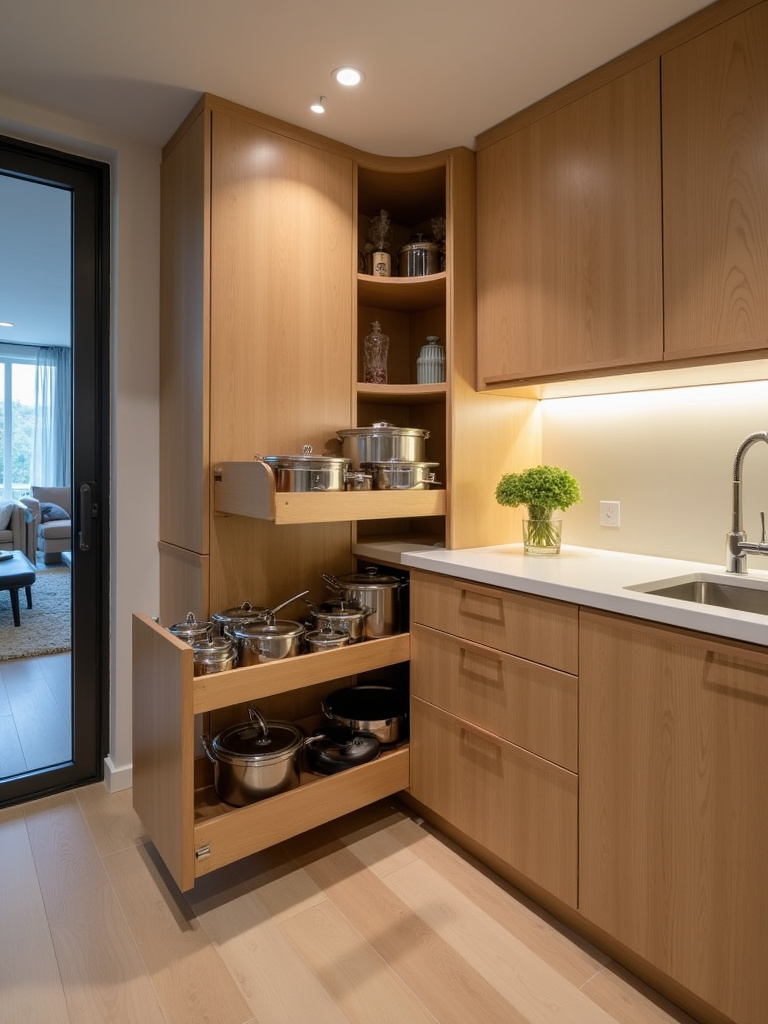 Modern small kitchen showcasing a light wood corner cabinet with a pull-out shelving system for easy access.