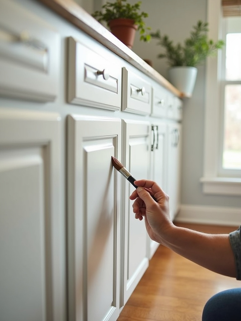 Close-up of a DIY rustic kitchen cabinet refacing project with cabinet doors being hand-painted for a budget-friendly update.