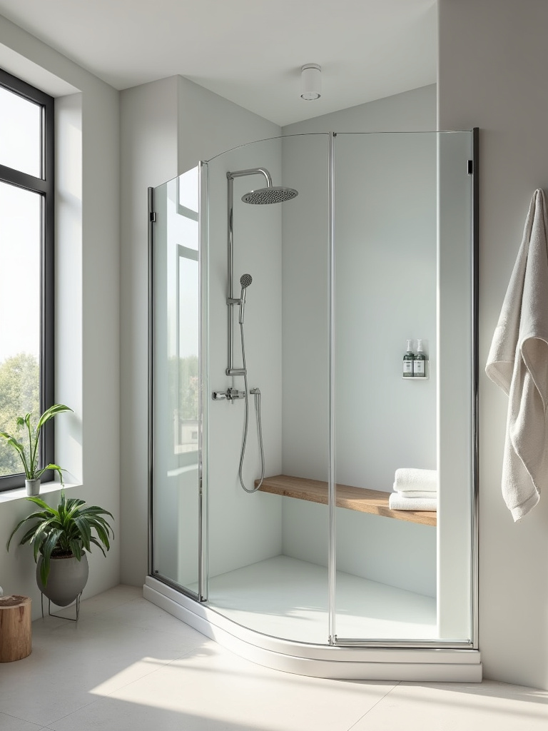 “A modern bathroom featuring a spacious walk-in shower with a glass enclosure and built-in bench, highlighting accessibility and contemporary design.”