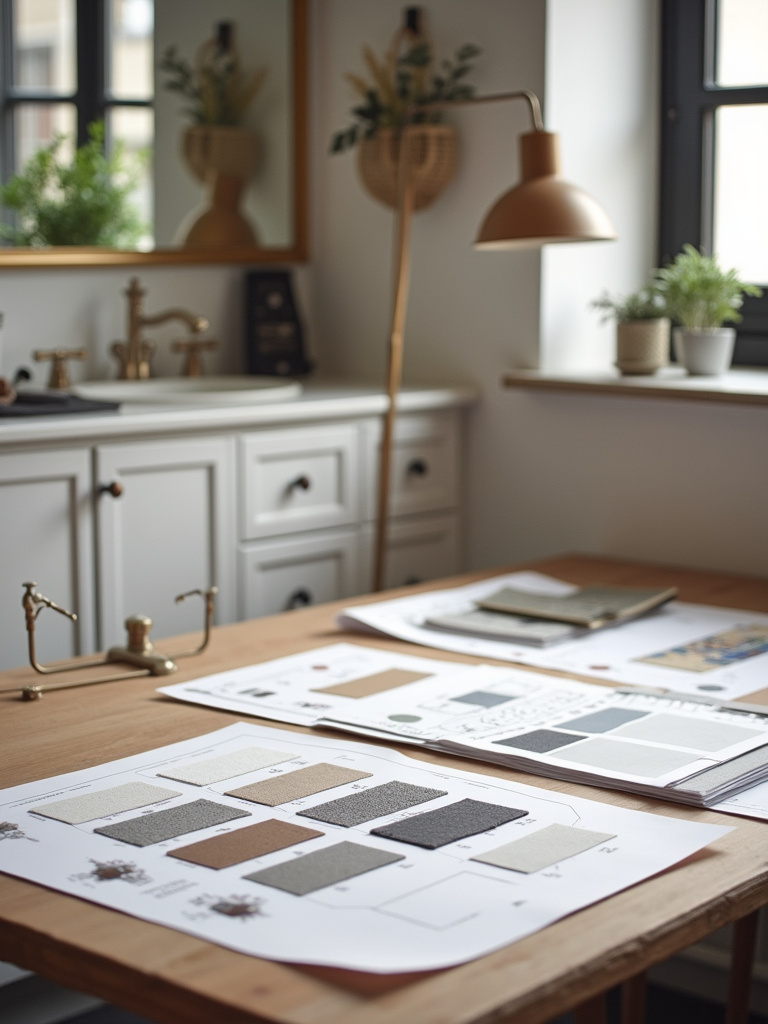 Bathroom design studio with design boards, material samples, and architectural plans.