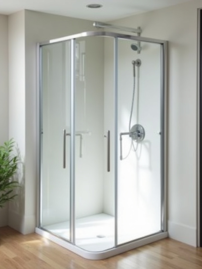 Small bright bathroom with a frameless glass corner shower.