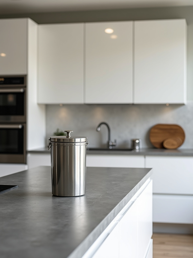 Stylish stainless steel countertop composter on a modern grey concrete kitchen island.