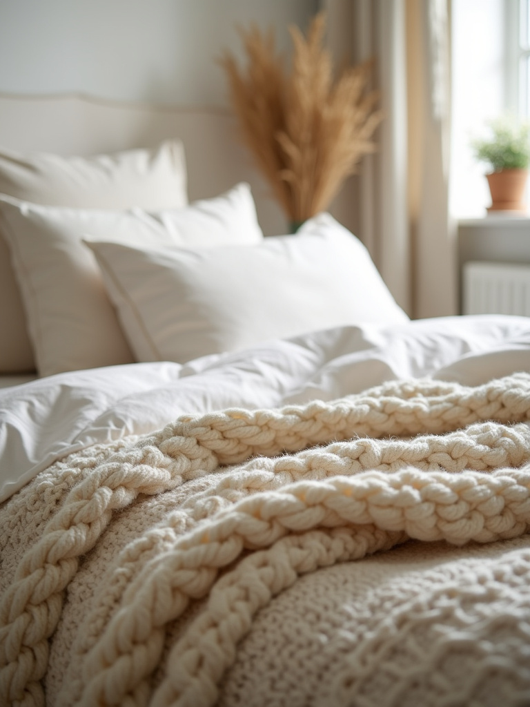 A close-up of a cozy bed featuring a bedding set with a textured linen duvet cover, soft cotton sheets, and a chunky knit throw blanket. Soft natural light highlights the neutral beige and cream tones and the inviting textures of the bedding, creating a comfortable and relaxing atmosphere.