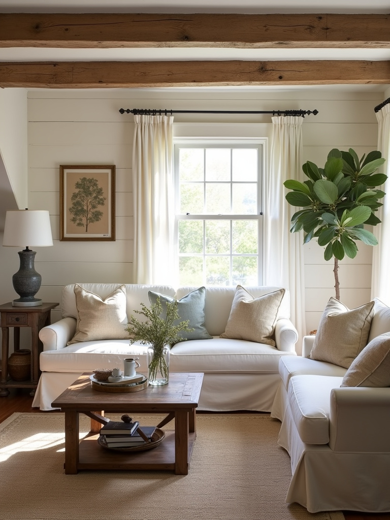 “Cozy farmhouse living room with shiplap walls, exposed wood beams, slipcovered sofa, and vintage farmhouse decor.”