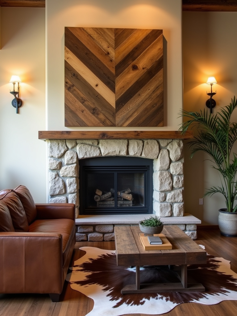 “A rustic living room with a reclaimed wood pallet art piece in a chevron pattern above a brown leather sofa, adding a warm and textural element to the space.”