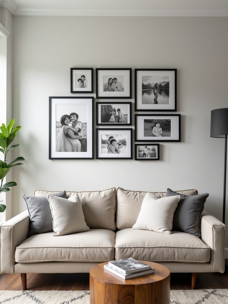 “A transitional living room with a black and white family photo gallery wall above a beige sofa, creating a sentimental and personalized focal point.”