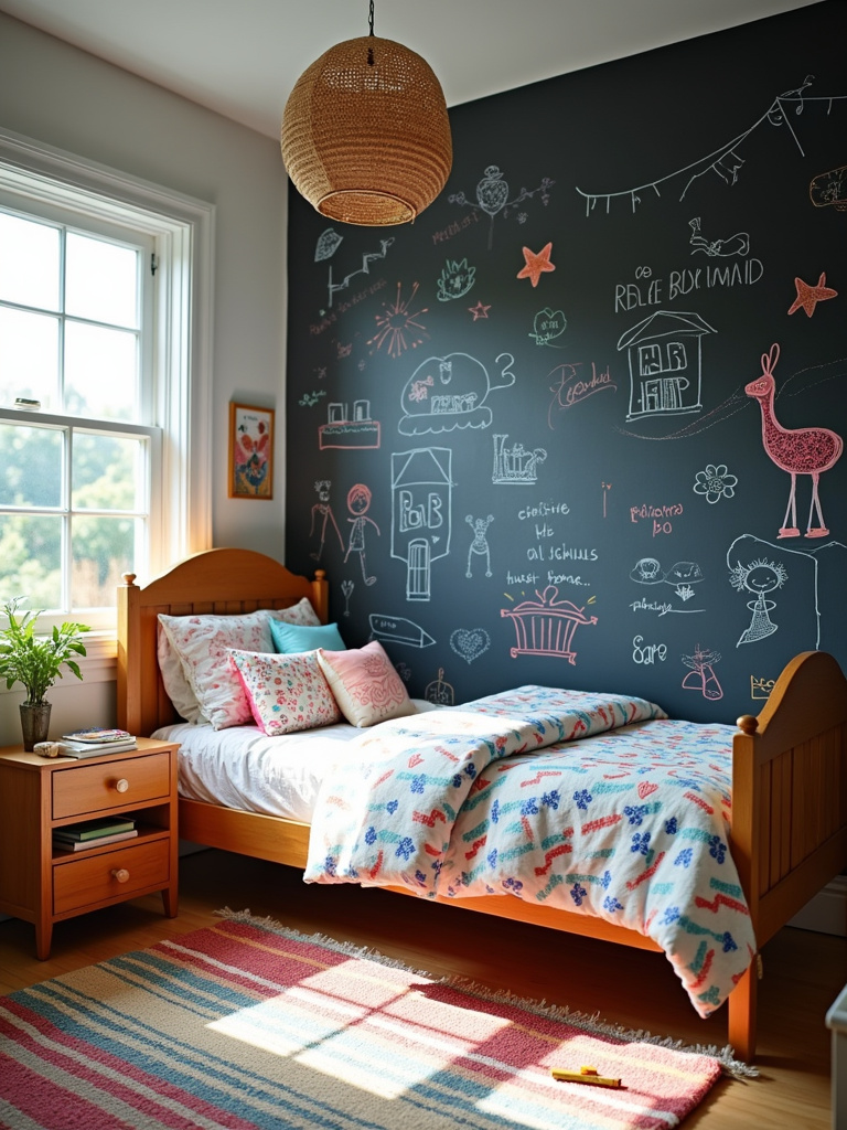 Kid’s bedroom with a chalkboard wall featuring colorful chalk drawings and doodles, bright natural light, and playful decor.