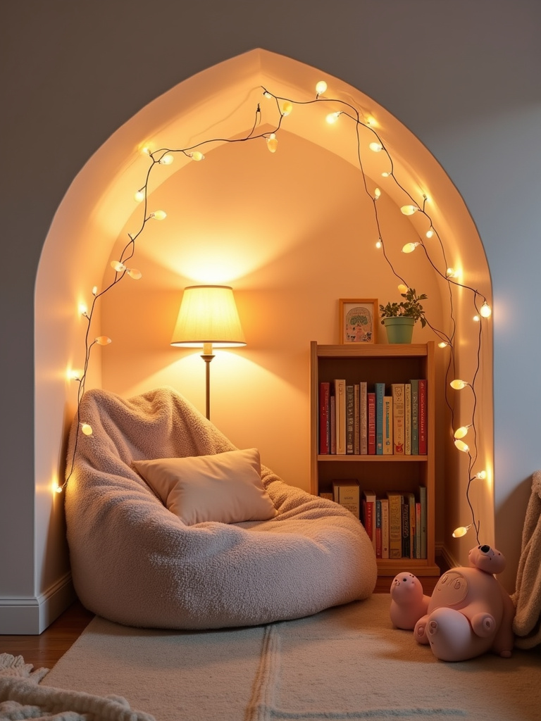 Cozy reading nook in a kids bedroom with beanbag chair, bookshelf, and fairy lights.