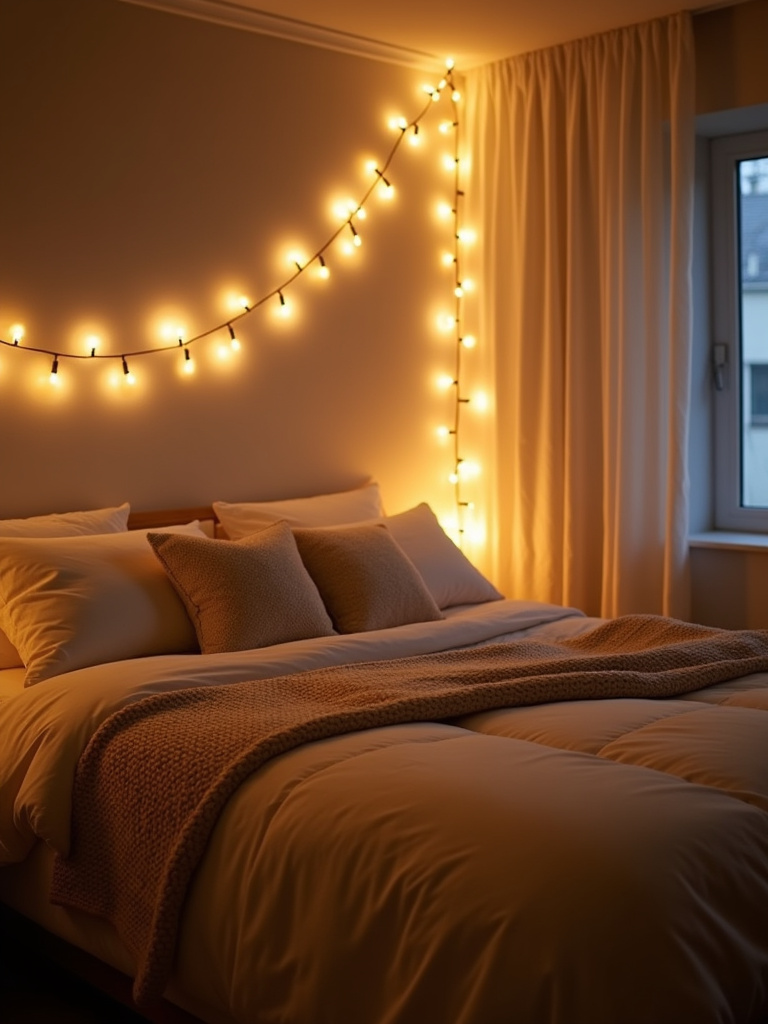 Cozy bedroom with string lights draped above the bed and along the wall, creating a warm ambiance.
