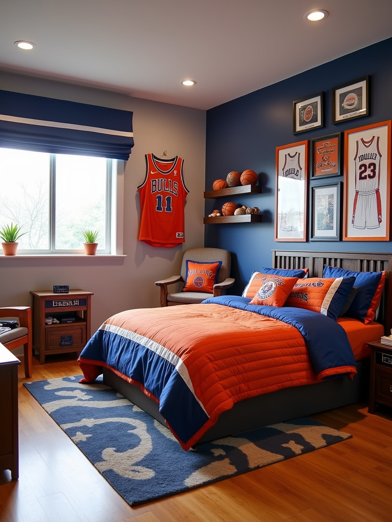 Sports-themed kids bedroom with basketball bedding, jersey wall art, and sports equipment.