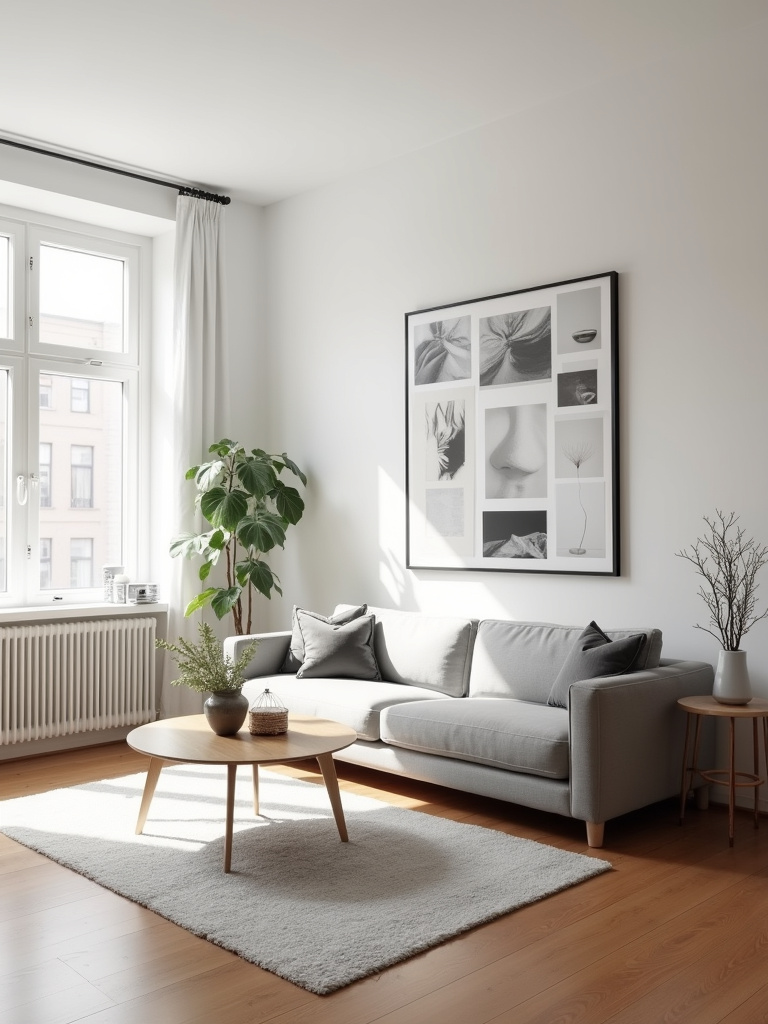 “A living room with a statement mixed media gallery wall above a grey sofa, featuring framed art, textiles, and decorative objects.”