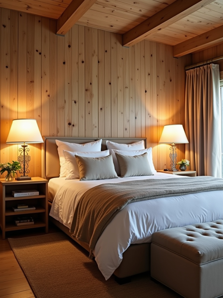 Rustic bedroom featuring a light oak wood paneling wall, soft lighting, and linen bedding.