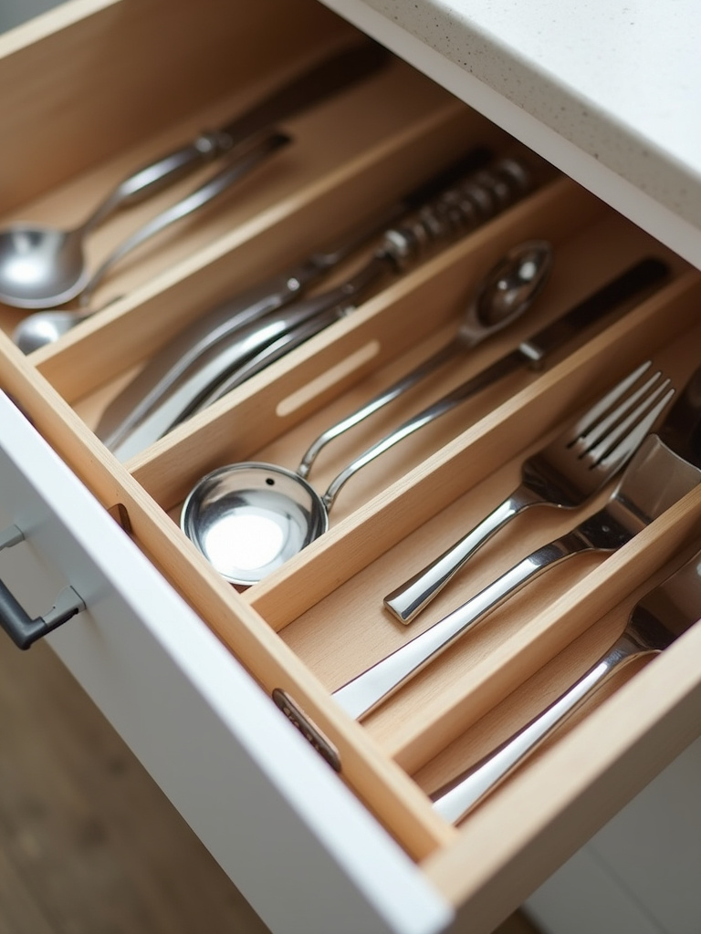 Minimalist kitchen drawer organizer with streamlined stainless steel utensils neatly arranged in wooden dividers.