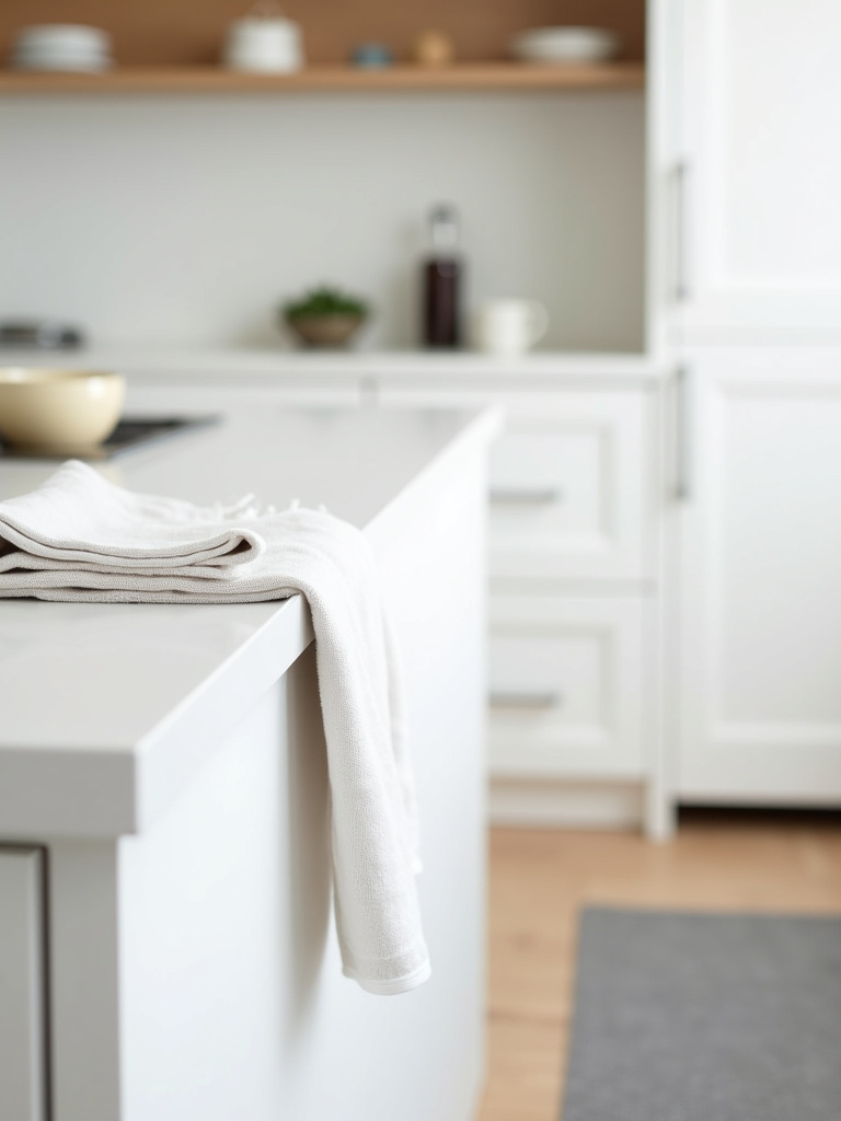 Close-up of minimalist kitchen textiles: simple white linen dish towel and solid gray low-pile rug, showcasing understated elegance.