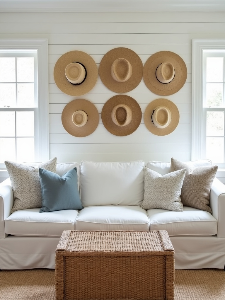 “A coastal living room with a stylish hat collection wall display of straw hats above a white slipcovered sofa, adding a relaxed and personal touch.”