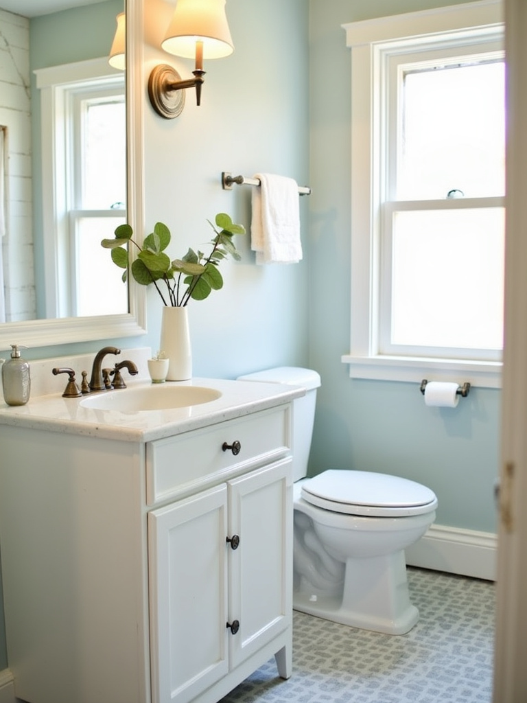 Small charming bathroom showcasing DIY upgrades like a painted vanity and new hardware.