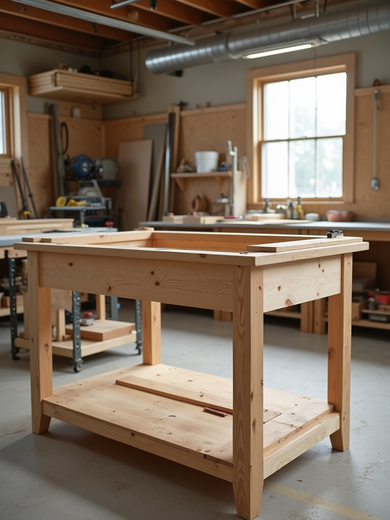 A partially built DIY kitchen island in a workshop setting, showcasing woodworking tools, lumber pieces, and the ongoing construction process under natural workshop lighting.