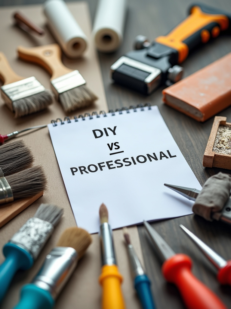 “A split image comparing DIY tools and professional tools for bathroom renovation, illustrating the decision-making process between DIY and professional help.”