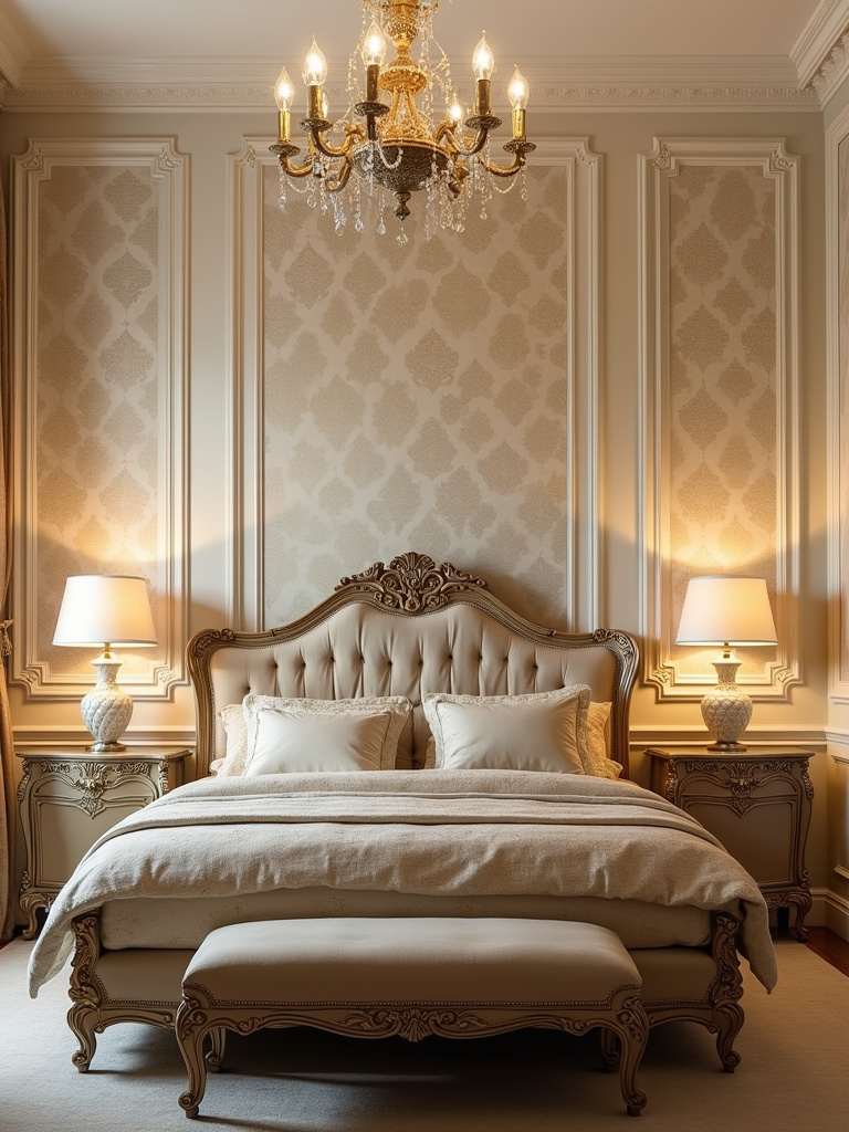 An elegant bedroom featuring cream and gold damask wallpaper on all walls, softly lit by chandelier and bedside lamps.