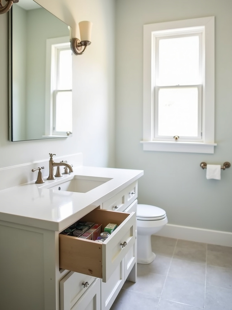 Decluttered bathroom vanity with a clean countertop and organized drawers.