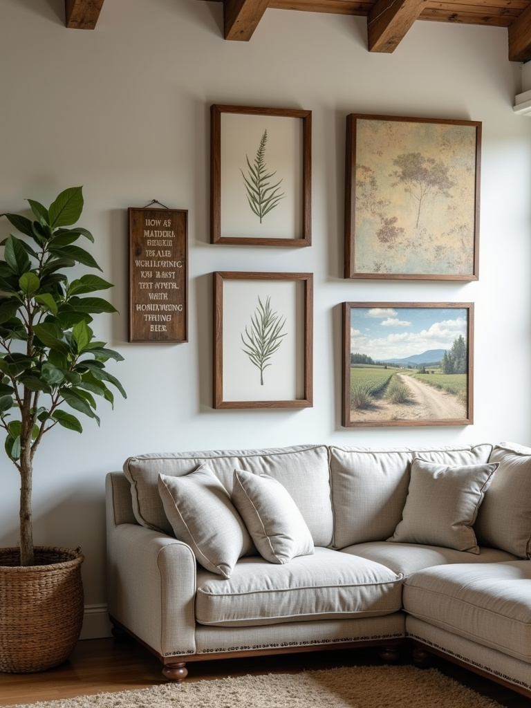 Rustic living room wall with a gallery wall of botanical prints, a wood sign, and a landscape painting, lit by natural light.