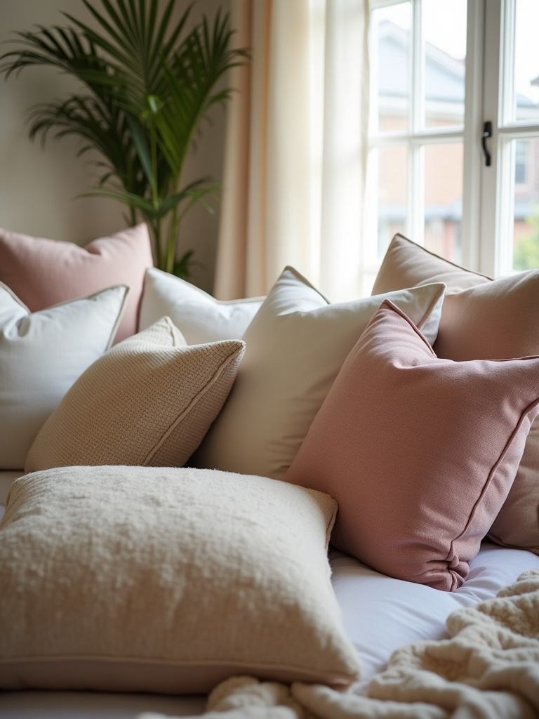 A close-up of a bed showcasing an array of decorative throw pillows in various textures and colors. Soft natural light highlights the velvet, linen, and patterned pillows, creating a comfortable and visually inviting bedding arrangement.