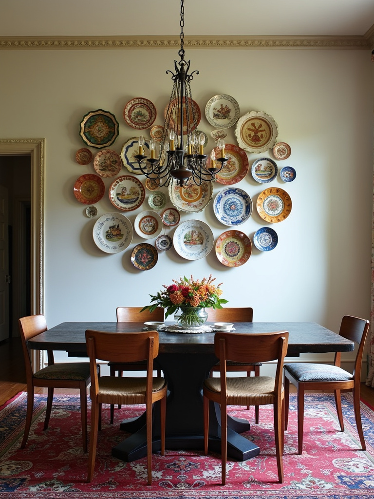 Eclectic dining room featuring a wall display of vintage decorative plates above a dark wood dining table.