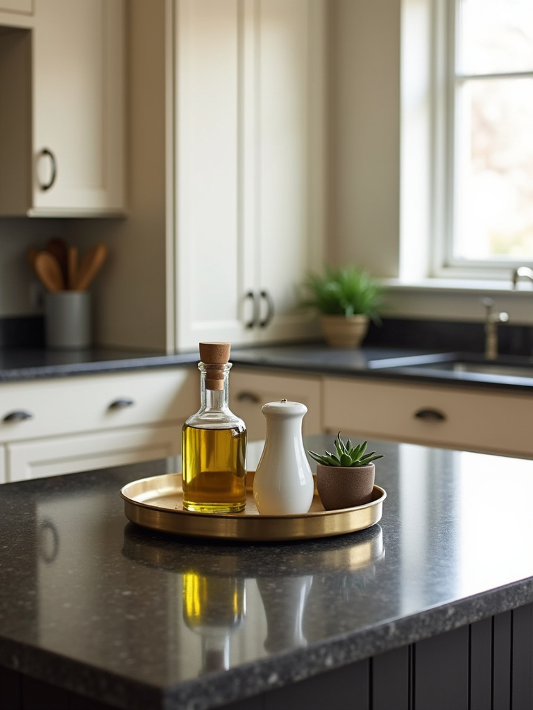 Brass tray organizing kitchen essentials like salt and pepper and olive oil on a dark granite island.