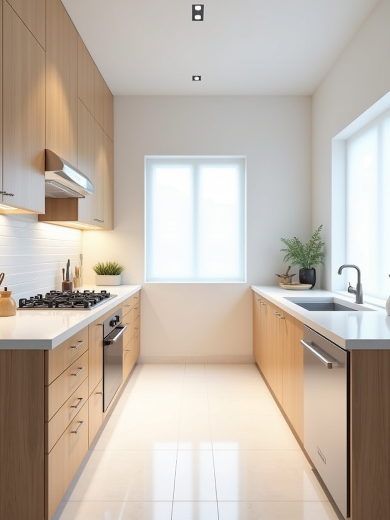 Minimalist kitchen with clearly defined zones for prep, cooking, and cleaning, showcasing organized workflow and functional design.