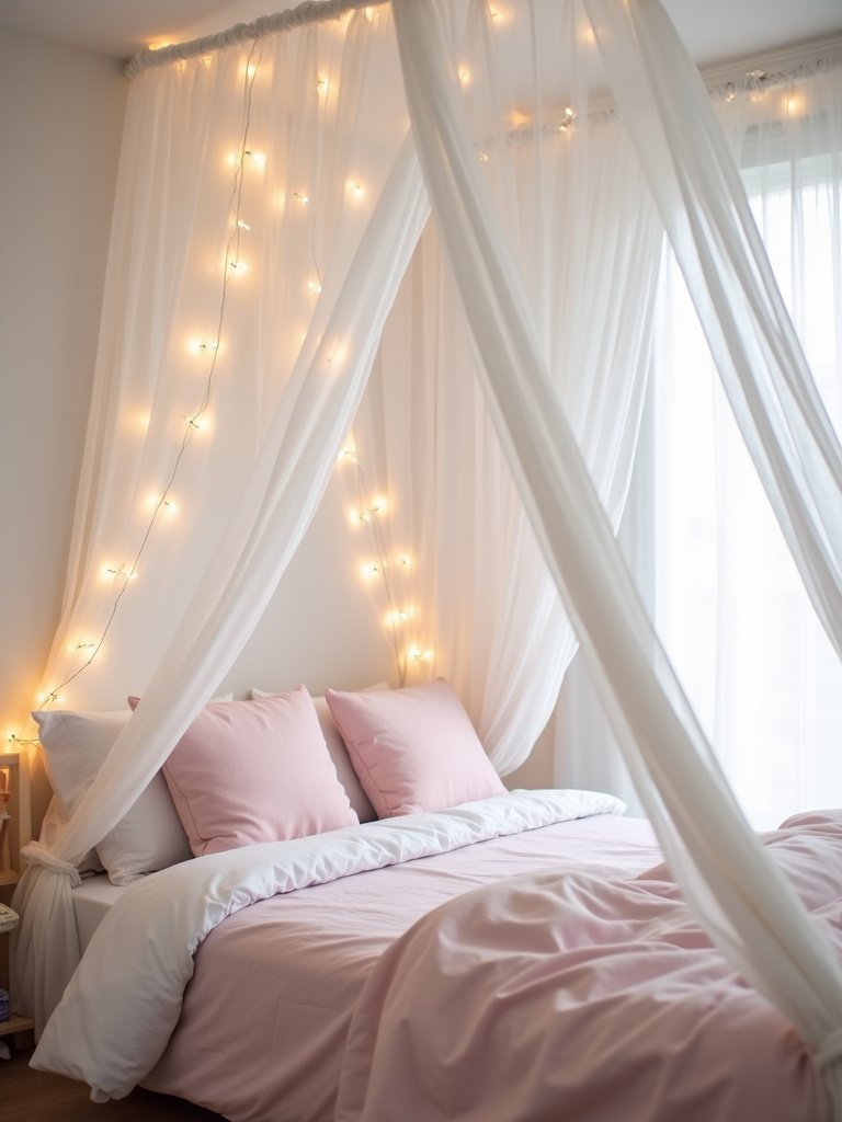 Dreamy canopy bed in a kids bedroom with sheer white fabric and fairy lights.