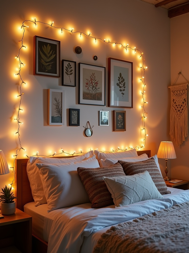 Bohemian bedroom with a gallery wall above the bed, featuring photos, prints, mirrors, and fairy lights.